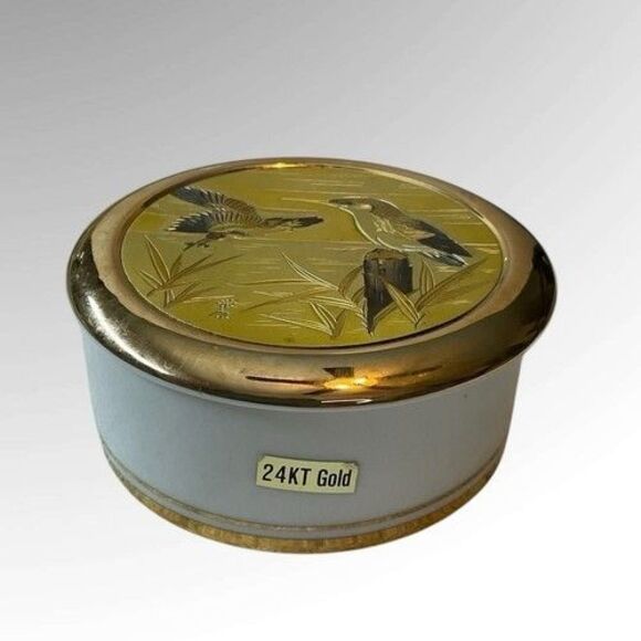 VTG Art of Chokin 24K Gold Trim Fish Bird on Branch Keepsake Trinket Box Japan 2 - Picture 1 of 13